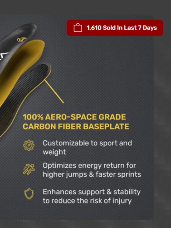 VKTRY Men’s Gold Carbon Fiber Performance Running Insoles Size 10-10.5 main image 5